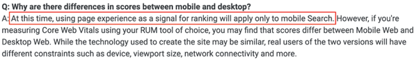 Scores between mobile and desktop